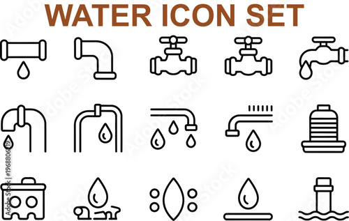 Water icon set with various plumbing and water related symbols and objects
