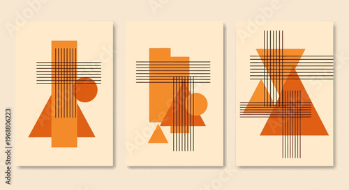 Abstract geometric figures with orange and black lines, creating minimalist art designs on a light cream background, conveying modern and stylish aesthetics.