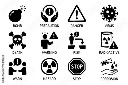 A set of warning icons and symbols on transparent background