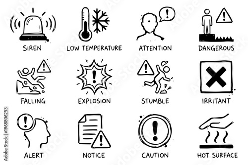 A set of warning icons and signs on transparent background