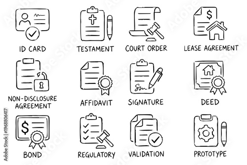 A set of legal document icons in a flat, minimal design style on transparent background