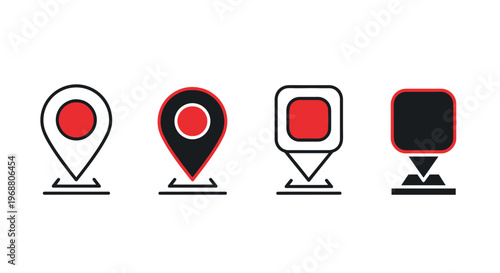 Set of Black and Red Map Pointer Location Icons, GPS Navigation Place Pin, outline and filled styles on isolated white background
