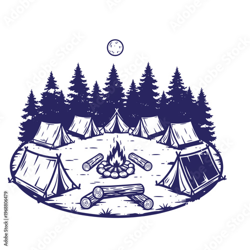 Camping site with multiple tents arranged in a circle around a central campfire with pine trees in the background and a full moon in the night sky in a dark blue ink style