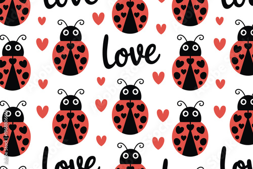Cute Red Ladybugs with Hearts Pattern and Love Text