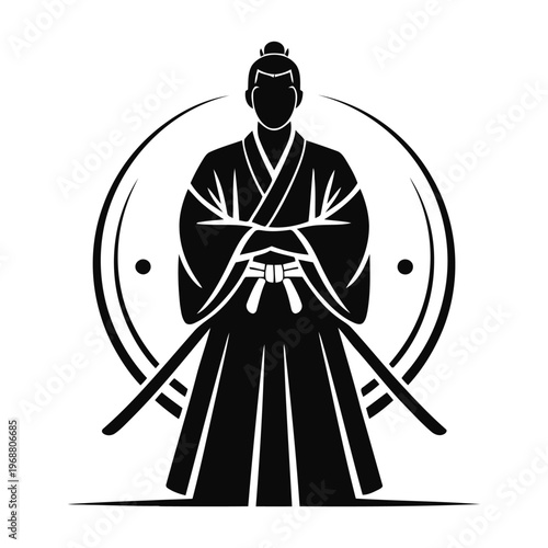 Silhouette of samurai warrior standing with katana sword in black and white