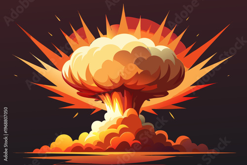 Mushroom cloud detonating over horizon with orange fiery glow dark