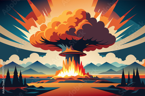 Massive explosion creating mushroom cloud over mountain plain