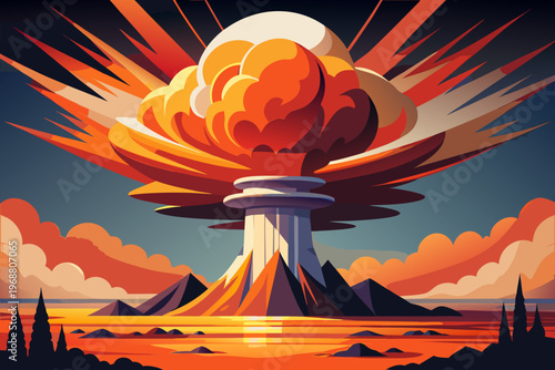 Nuclear mushroom cloud rising above coastal volcanic landscape