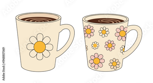 Two cream-colored ceramic mugs decorated with cheerful yellow and white daisy flower patterns for a cozy morning drink.