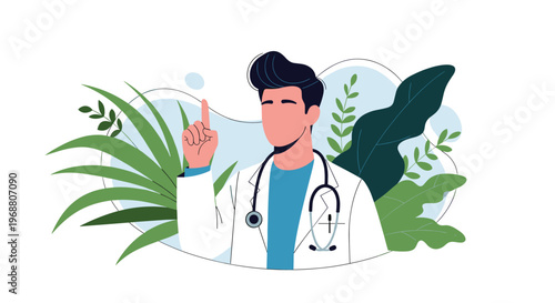 Male doctor in a white lab coat with a stethoscope pointing up while standing against a green tropical leaf background.