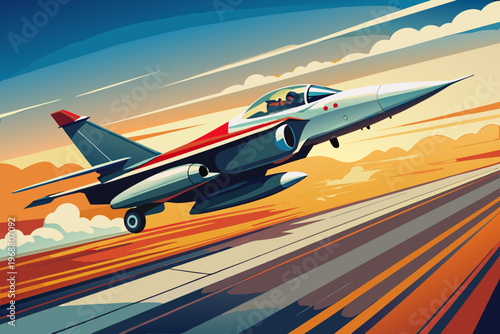 Fighter jet taking off from runway during sunset flight