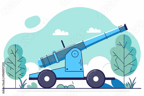Blue cannon positioned on wheeled carriage in park scene