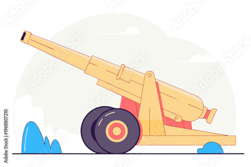 Yellow field cannon angled on carriage in open landscape