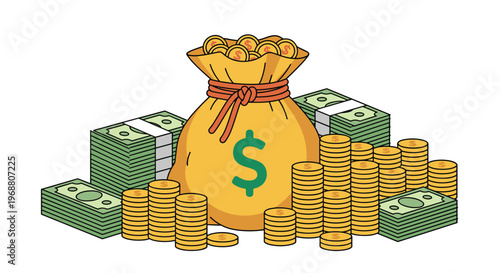 Large sack of money featuring a dollar sign surrounded by stacks of green bills and piles of gold coins for wealth.