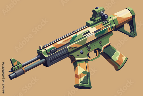 Camouflaged assault rifle angled view on beige background