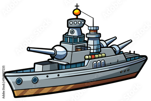 Warship cartoon turreted ship angled view on white background