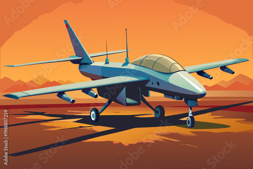 Military fighter jet parked on runway at sunset airfield