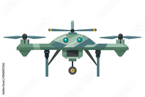 Military quadcopter hovering with camera in studio setting