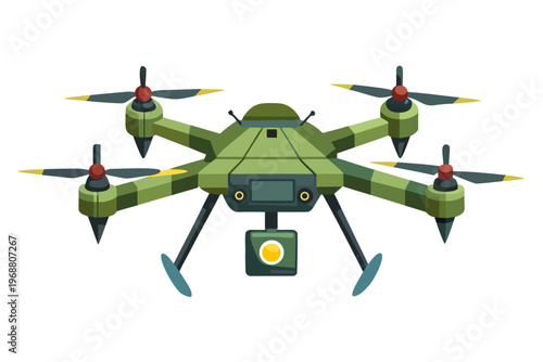 Military drone hovering with camera over plain white background