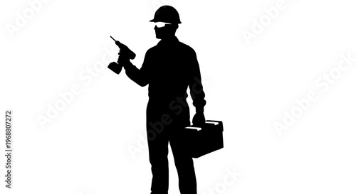 May Day Construction worker, laborer, silhouette, black, hard hat, tool belt, drill Vector