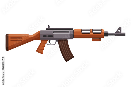 Wooden stock assault rifle shown in isolated white setting