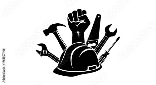 May Day Industrial, construction, labor, worker icons, tools, hard hat, fist, black and white vector graphics Vector