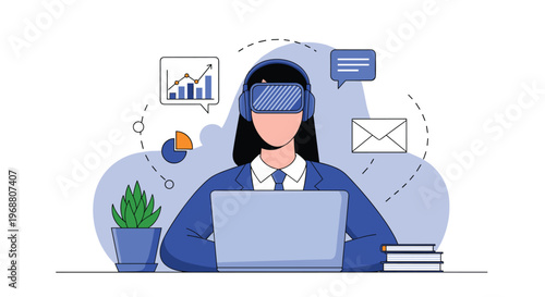 Woman wearing a virtual reality headset while working on a laptop with various digital icons for immersive business.