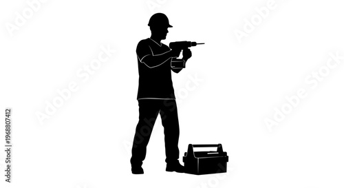 May Day Black silhouette of a man holding a drill, toolbox, construction worker, DIY icon Vector