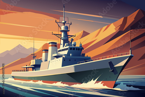 Warship cruising along coastal mountains under sunset sky