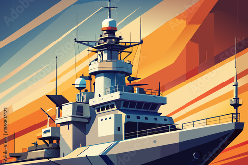 Destroyer steaming toward rugged coastline under warm dusk