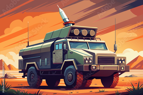 Armored missile carrier standing on arid plain at dusk
