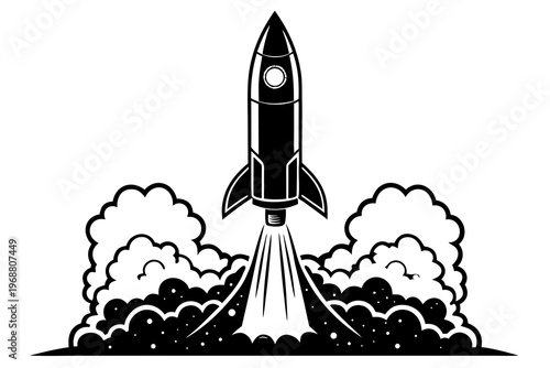 Retro rocket taking off with plume and smoke base