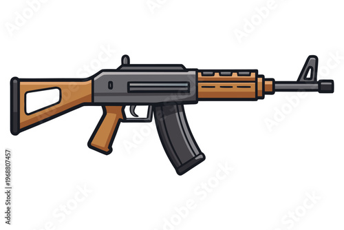 Assault rifle side view resting on white studio background