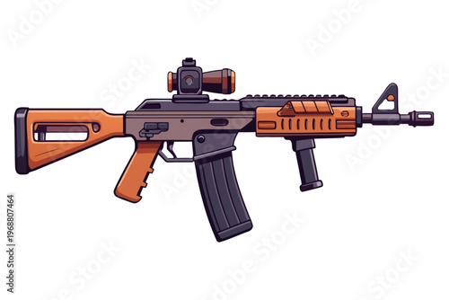 Modern assault rifle side view equipped with scope on white