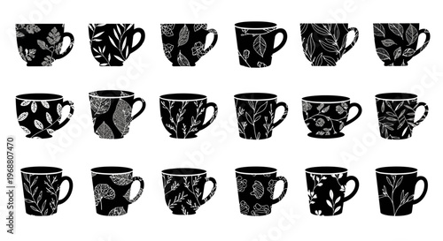 Decorative floral pattern coffee cups and nature inspired mugs set. Detailed leaf and flower silhouettes for vintage cafe branding and home kitchen decor art