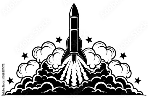 Rocket launching upward from smoke cloud emblem design