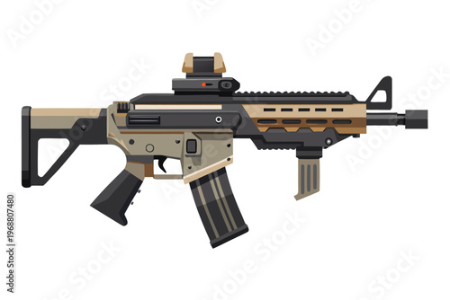 Compact tactical rifle illustrated on white studio background