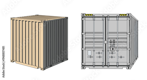 Two views of a industrial shipping container showing the front perspective and the rear doors for logistics transport.