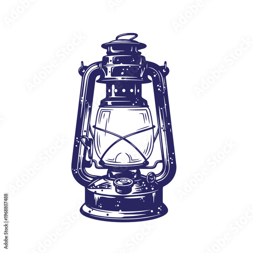Dark blue ink of a vintage kerosene lantern with a glass globe and metal frame isolated on a white background