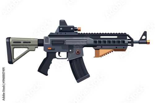 Assault rifle illustrated displayed on white studio background