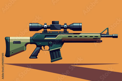 Tactical rifle displayed with scope on plain orange background
