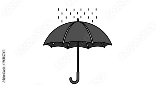 Black umbrella with raindrops falling on the canopy for weather concepts, rain protection, and storm preparation.