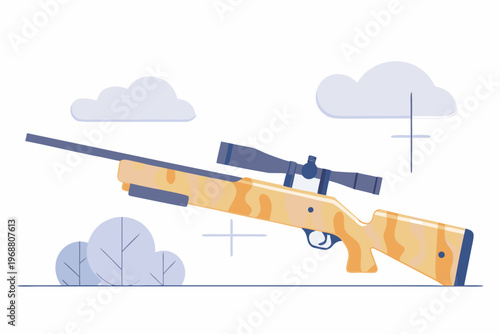 Camouflage hunting rifle angled on minimalist outdoor scene
