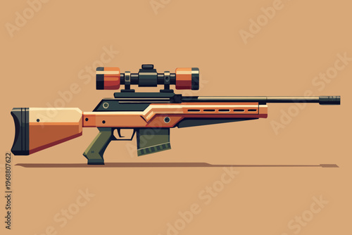Scoped hunting rifle shown on minimal beige flat background