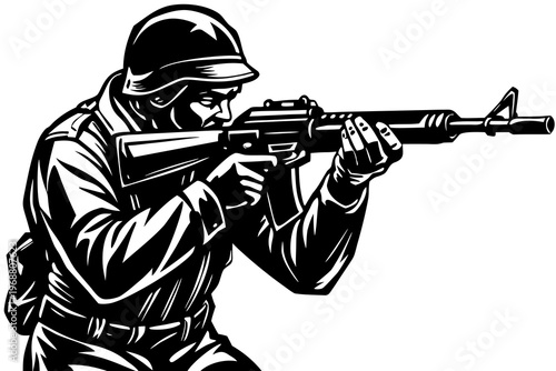 Soldier aiming rifle in combat firing stance outdoors