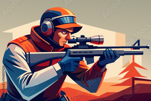 Hunter steadying sniper rifle in forested mountain setting