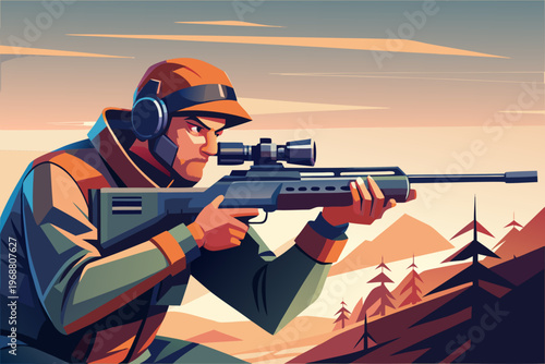 Hunter taking aim with scoped rifle in mountain landscape