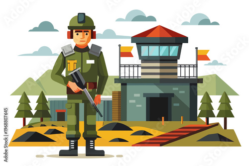 Guard soldier standing in front of watchtower military base