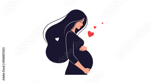 Silhouette of a beautiful pregnant woman standing with long hair surrounded by red hearts symbolizing motherhood and love.