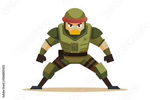 Cartoon soldier standing in wide ready stance white background